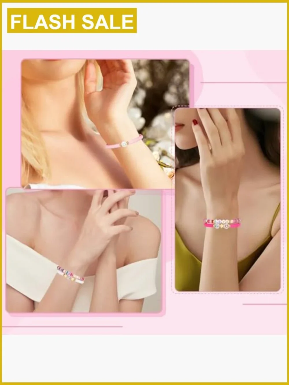 Set of 8 Preppy Stretch Bracelets, Smile Heart Star Beaded Clay Stackable